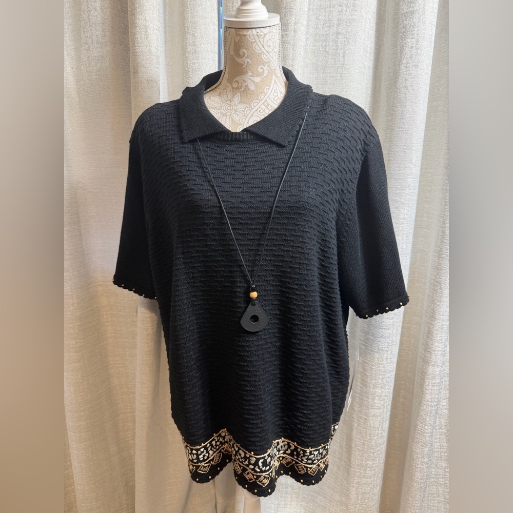 Alfred Dunner 3X Black Textured Knit Tunic Gold Embroidered Hem Plus Size Top - Picture 2 of 11
